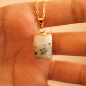 Natural White Stone Rectangle Pendant Necklace – Gold Trim Minimalist Charm